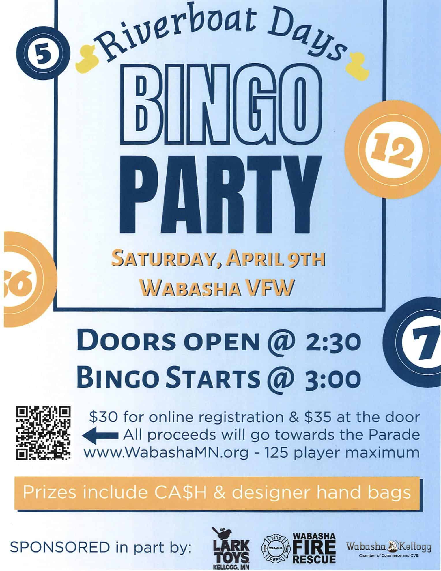 Riverboat Days Bingo Party Fundraiser April 9, 2022 Wabasha MN